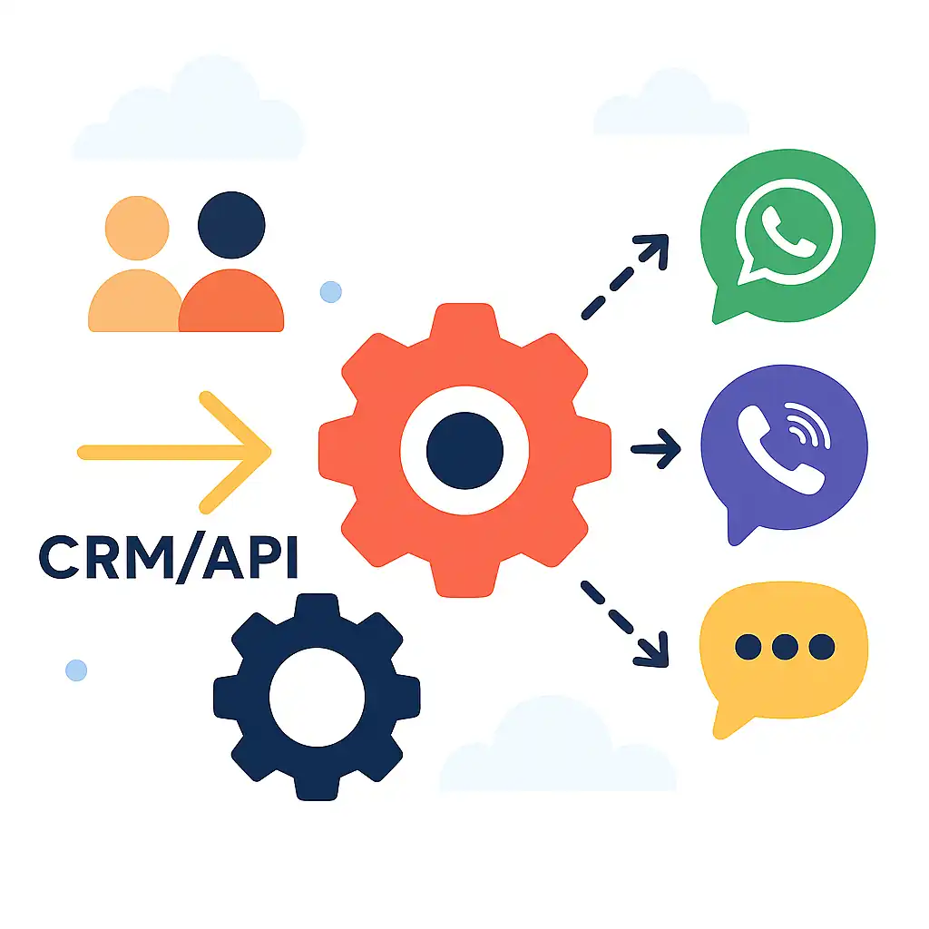 Diagram illustrating automated messaging flow from CRM/API to SMS, Viber, and WhatsApp through a central gear symbolizing the Procode platform